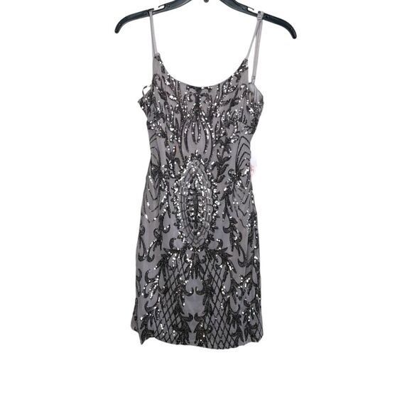 NWT Crystal Sky grey silver sequin homecoming short spaghetti strap dress size m - Picture 1 of 8